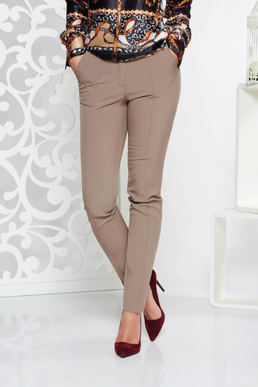 Pantaloni StarShinerS crem office conici cu talie medie din stofa usor elastica cu buzunare