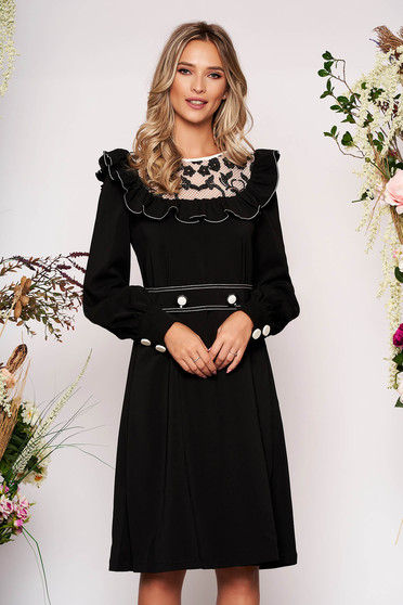 Rochie LaDonna neagra eleganta din stofa neelastica cu volanase cu aplicatii de dantela accesorizata cu cordon