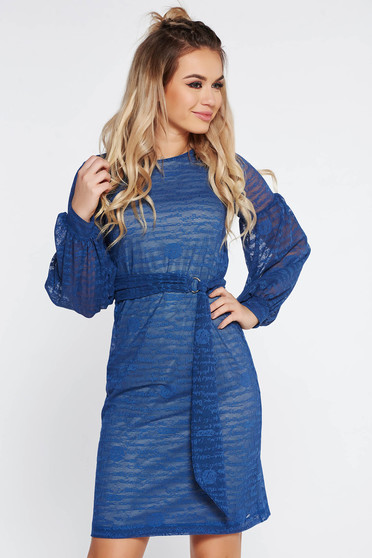 Rochie StarShinerS albastra de zi captusita pe interior accesorizata cu cordon