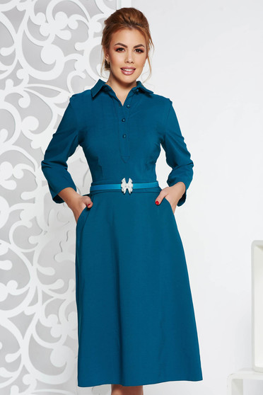 Turquoise elegant midi dress slightly elastic fabric flaring cut accessorized with belt