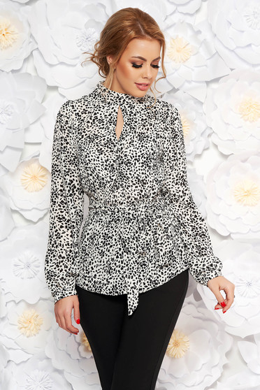 White women`s blouse accessorized with tied waistband with easy cut from satin fabric texture