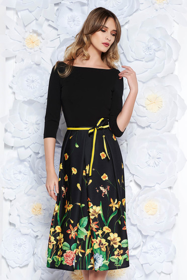Rochie StarShinerS neagra eleganta in clos din material usor elastic accesorizata cu cordon
