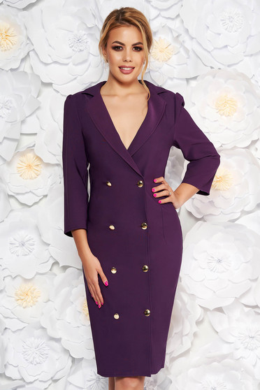 Rochie Artista mov eleganta petrecuta tip sacou din stofa usor elastica accesorizata cu nasturi