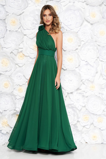 Rochie Ana Radu verde de lux din voal pe umar accesorizata cu cordon