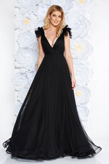 Rochie Ana Radu neagra de lux cu decolteu adanc din tul captusita pe interior cu bust buretat