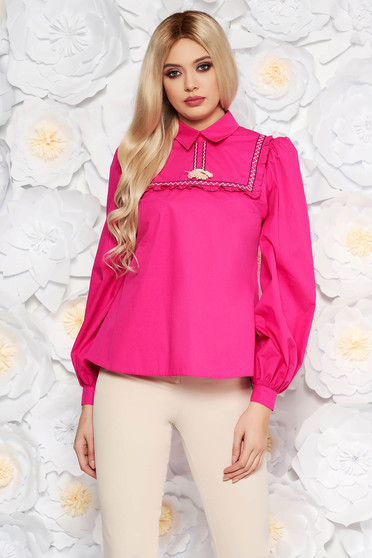 Bluza dama LaDonna fuchsia casual cu croi larg din bumbac neelastic cu ciucuri