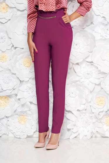 PrettyGirl purple elegant high waisted trousers slightly elastic fabric golden metallic details