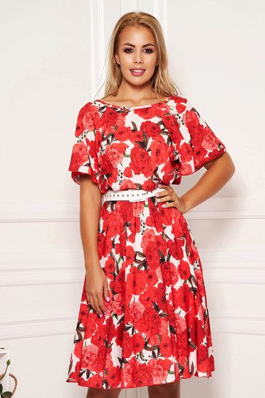 Rochie StarShinerS rosie de zi in clos midi cu imprimeu floral cu elastic in talie si maneci tip fluture