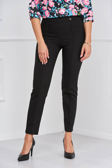 Pantaloni eleganti StarShinerS negru lung, Pantaloni din stofa elastica negri lungi conici cu talie inalta - StarShinerS - StarShinerS.ro