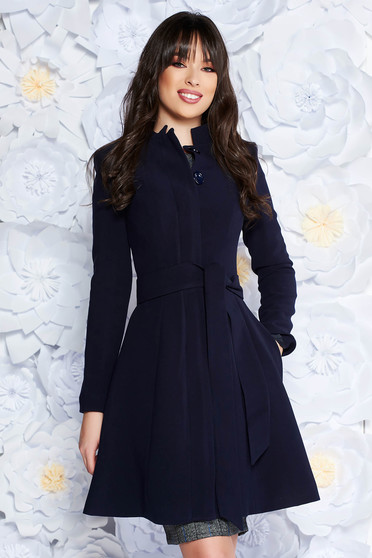 Artista darkblue office trenchcoat straight slightly elastic fabric with inside lining accessorized with tied waistband