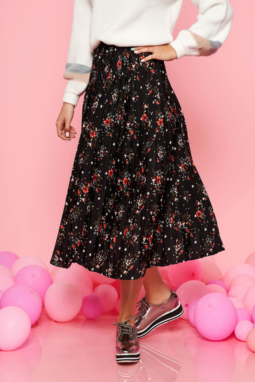 Fusta Top Secret neagra casual in clos cu talie inalta cu imprimeuri florale