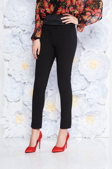 Pantaloni negri eleganti conici cu talie medie din stofa usor elastica cu buzunare