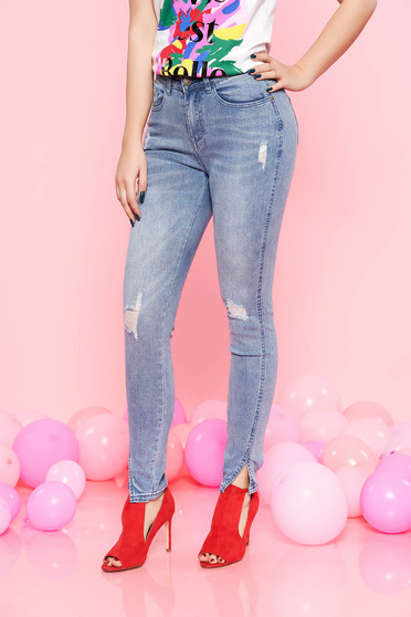 Blugi Top Secret albastri deschis casual cu talie inalta din bumbac usor elastic cu buzunare