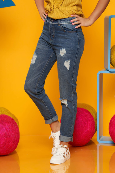 Blugi Top Secret albastri casual din bumbac cu talie medie cu un croi drept cu rupturi