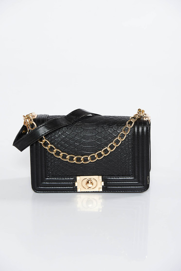 Black bag casual from ecological leather with metallic aspect long chain handle