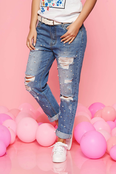 SunShine blue casual cotton jeans with ruptures with pearls with pockets