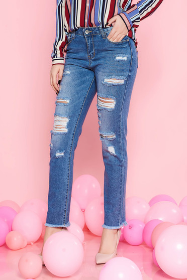 SunShine blue casual cotton jeans with ruptures with medium waist with pockets