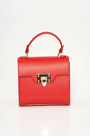 Red casual bag natural leather metallic buckle