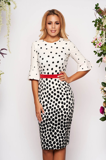 Rochie Fofy alba de zi midi tip creion din stofa usor elastica cu buline accesorizata cu cordon