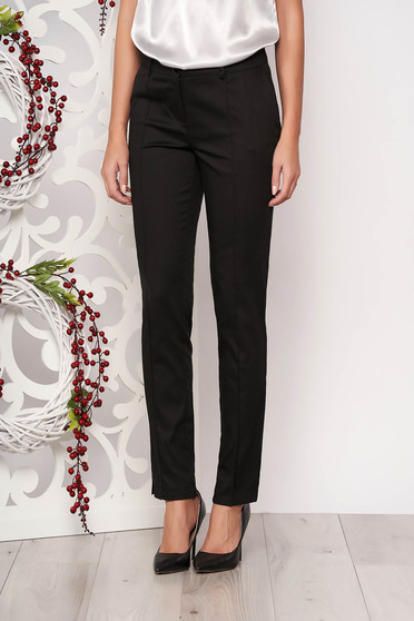 Pantaloni Artista negri office conici cu talie medie din stofa usor elastica cu buzunare