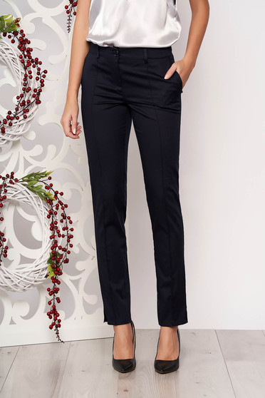 Pantaloni Artista albastri-inchis office conici cu talie medie din stofa usor elastica cu buzunare