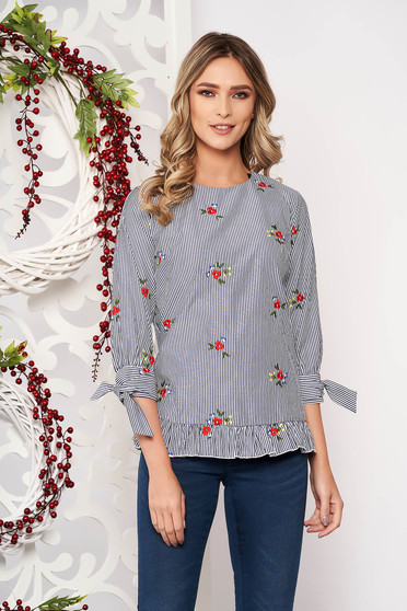 Bluza dama Artista gri casual cu croi larg cu imprimeuri florale cu volanase