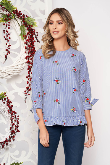 Bluza dama Artista albastru-inchis casual cu croi larg cu imprimeuri florale cu volanase