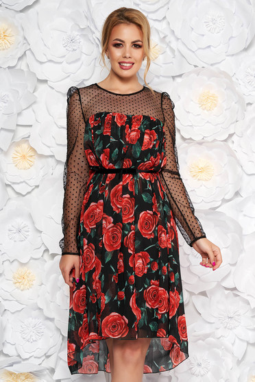 Black occasional flared dress from veil fabric with inside lining with floral prints