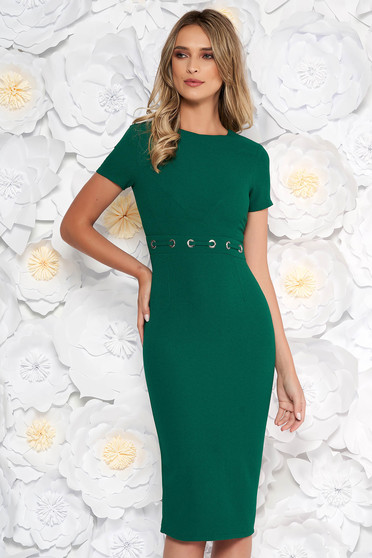 Rochie StarShinerS verde-inchis office midi tip creion din stofa neelastica cu accesorii metalice