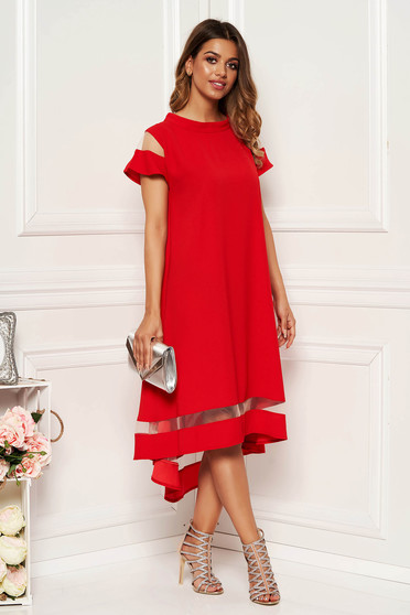 Rochie rosie eleganta cu croi larg asimetrica din material subtire cu maneci scurte