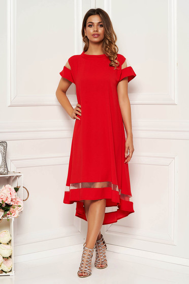 Rochie rosie eleganta cu croi larg asimetrica din material subtire cu maneci scurte