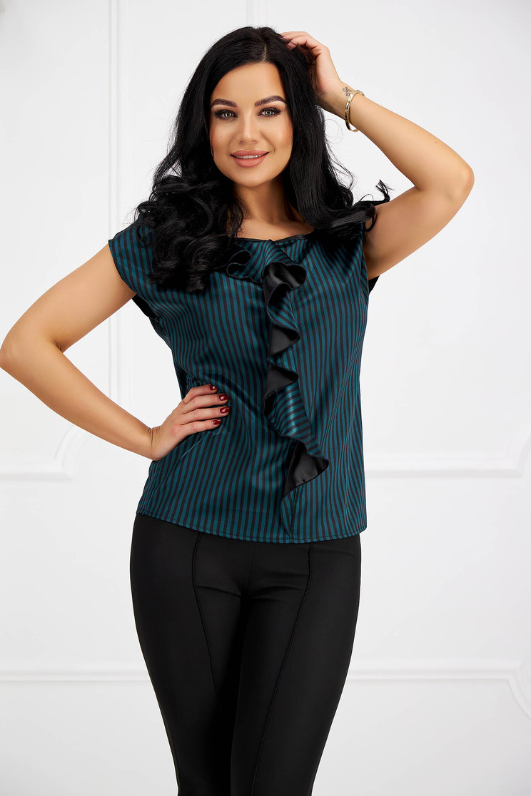 Green women`s blouse from satin fabric texture with ruffle details loose fit - StarShinerS