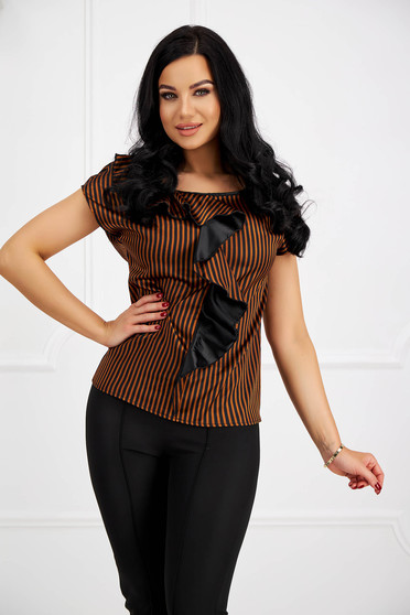 Short sleeves blouses, Brown women`s blouse from satin fabric texture with ruffle details loose fit - StarShinerS - StarShinerS.com