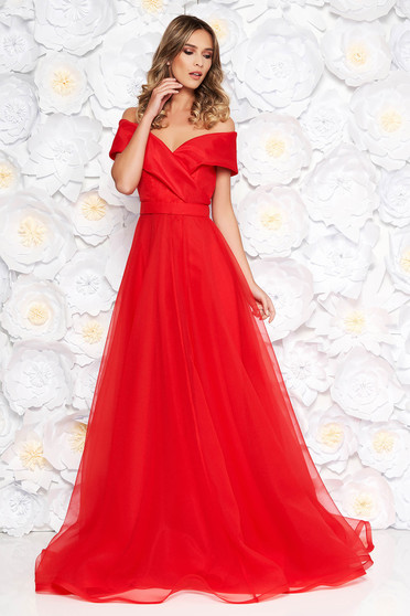 New Year`s Eve Dresses, Ana Radu red luxurious cloche dress transparent fabric with inside lining accessorized with tied waistband - StarShinerS.com