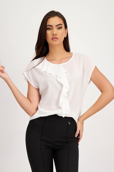 Short sleeves blouses, StarShinerS white women`s blouse short sleeve with ruffle details thin fabric - StarShinerS.com
