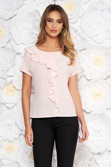 Bluza dama StarShinerS rosa cu maneca scurta cu volanase din material subtire