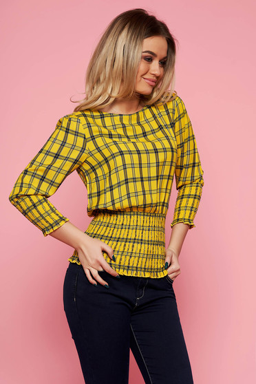 Blouses, Top Secret yellow casual women`s blouse airy fabric with chequers with elastic waist - StarShinerS.com