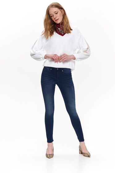 Blugi Top Secret albastri-inchis casual skinny cu talie medie din bumbac elastic cu buzunare