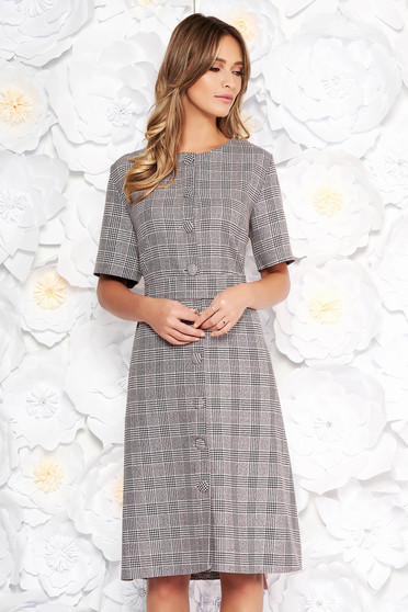 Rochie gri de zi midi cu croi in a din stofa neelastica in carouri cu buzunare