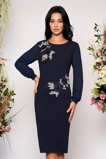 Rochie albastru-inchis eleganta midi tip creion din scuba si voal captusita pe interior