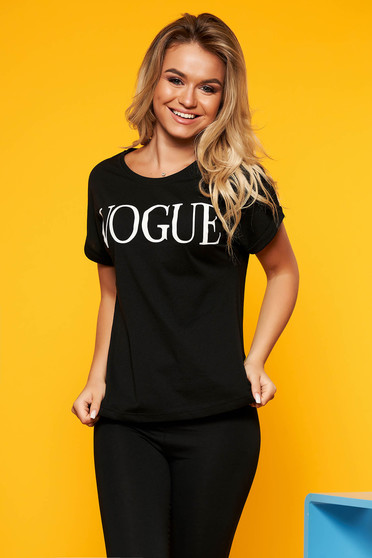 Tricou SunShine negru casual cu un croi mulat din bumbac usor elastic cu mesaje
