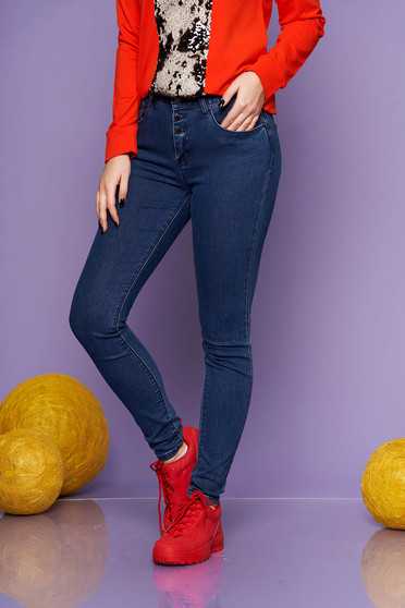 Blugi Top Secret albastru-inchis casual skinny cu talie medie din bumbac usor elastic cu buzunare