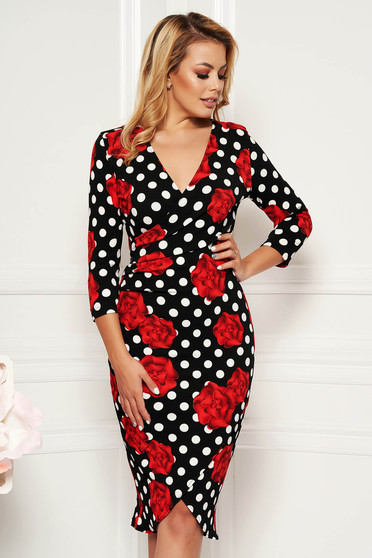 Rochie StarShinerS rosie office petrecuta cu un croi mulat din material usor elastic cu decolteu in v