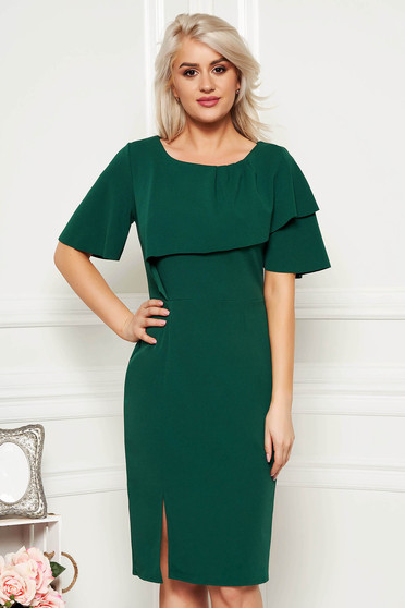 Rochie verde-inchis de zi tip creion din material elastic cu un croi mulat cu maneca scurta