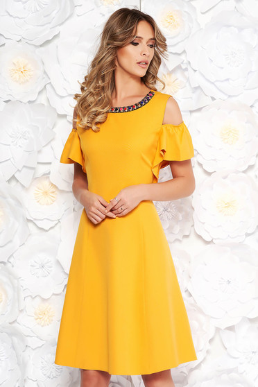 Mustard daily cloche dress soft fabric metallic details both shoulders cut out