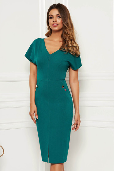 Rochie verde office midi tip creion din stofa usor elastica captusita pe interior accesorizata cu nasturi