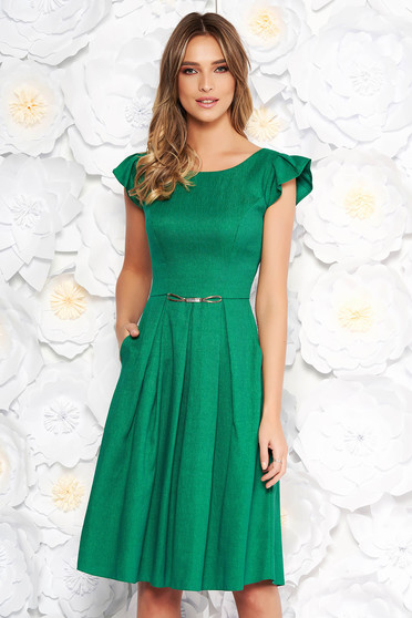 Green daily cloche dress from non elastic fabric with pockets short sleeves