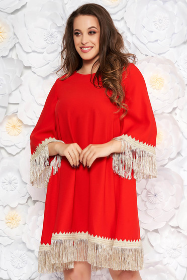 Rochie LaDonna rosie eleganta cu croi larg din stofa neelastica cu franjuri cu maneca 3/4