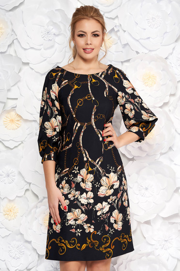 Rochie LaDonna albastra-inchis eleganta cu croi in a din material usor elastic cu imprimeu floral