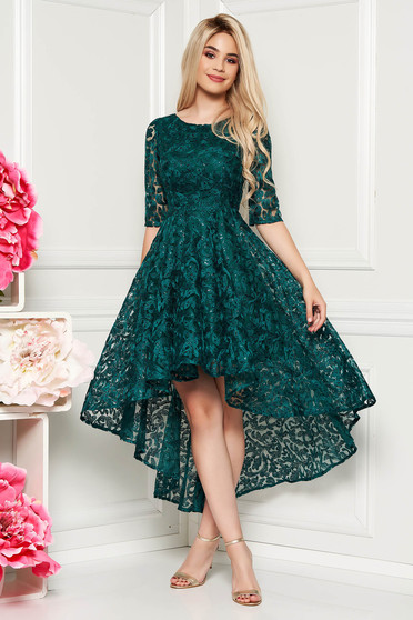 Rochie verde-inchis de seara asimetrica din dantela cu aplicatii cu paiete captusita pe interior